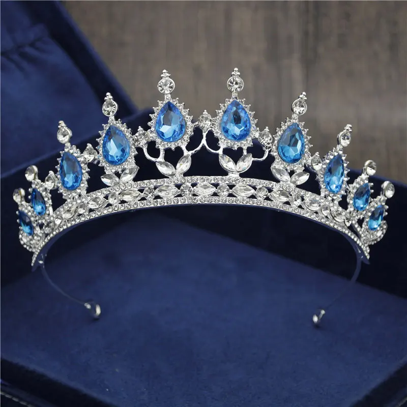 Silver Light Blue Новая Винтажная тиара в стиле барокко, корона для королевы невесты, розовые хрустальные короны, свадебные модные украшения для волос, свадебные аксессуары - Окраска металла: Silver Light Blue