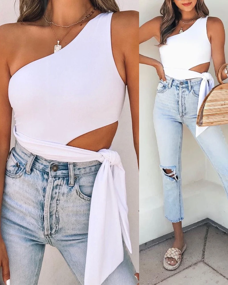 

Solid One Shoulder Sleeveless Hollow-out Lace-up Bodysuit