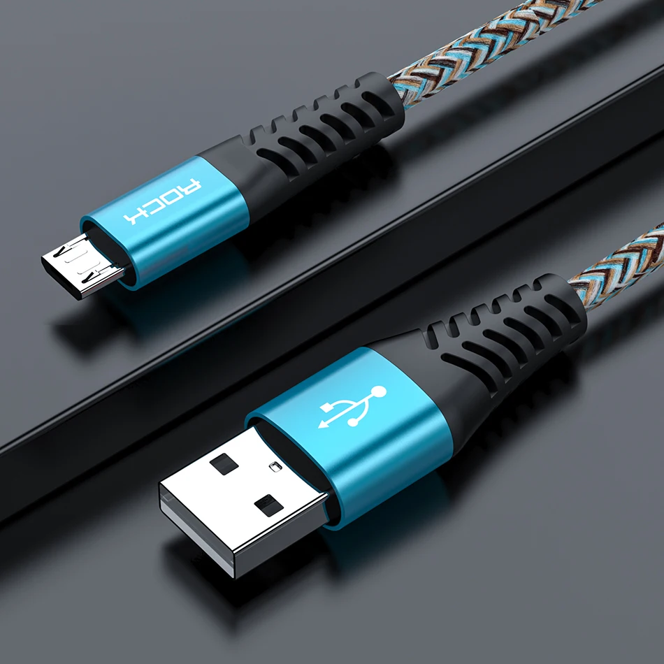 Синий ROCK 1 м 2 м микро USB кабель 3 А Быстрая зарядка для samsung Xiaomi huawei Android мобильный телефон кабель для передачи данных провод микро быстрое зарядное устройство кабель - Цвет: Синий