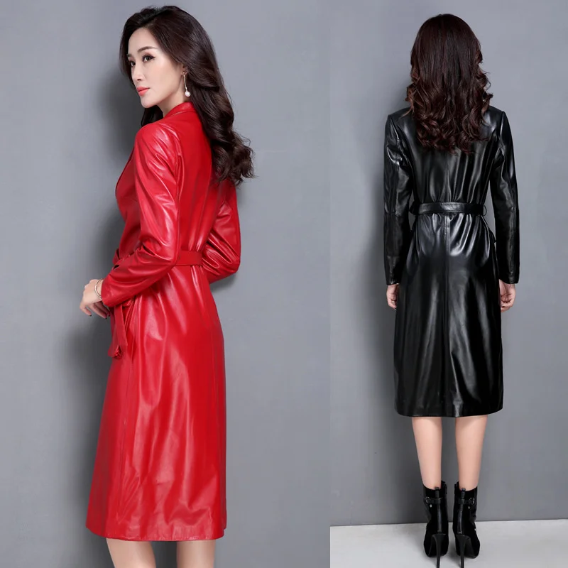 

New Women's Genuine Leather Trench Female Spring And Autumn Long Sheepskin Windbreaker Female Coat Dust Coat Leather Jacket KJ