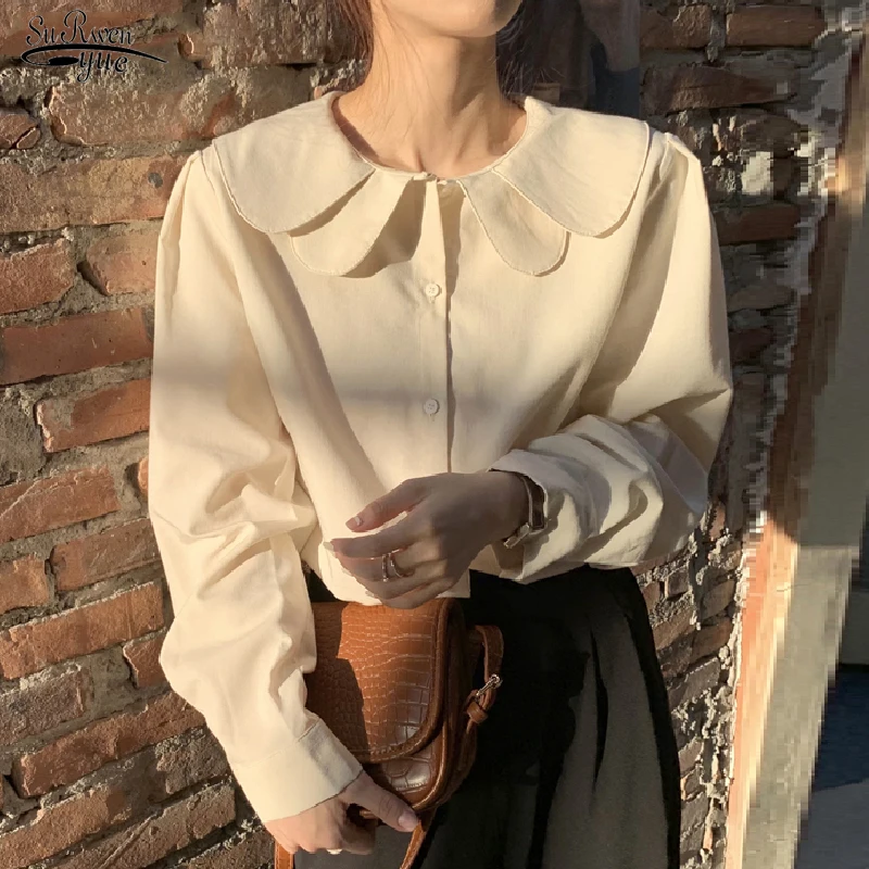 

Fashion Ruffle Peter Pan Collar Long Sleeve Blouse Japanese Sweet Cotton White Shirt Women Casual Solid Loose Vintage Tops 17780