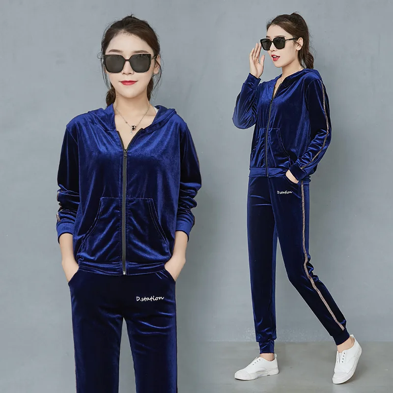 Blueyi small feet Осенняя и зимняя женская куртка спортивная модная повседневная мягкая велюровая Толстовка комплект из 2 предметов пуловер с длинными рукавами спортивные костюмы - Цвет: Blueyi small feet