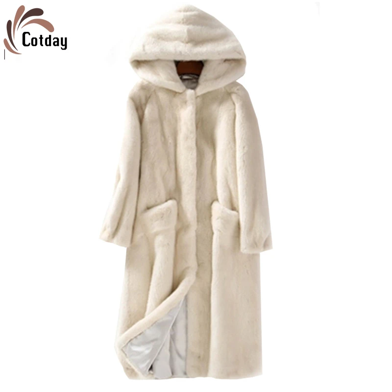 Cotday искусственный мех отложной воротник Длинная Куртка с капюшоном на меху