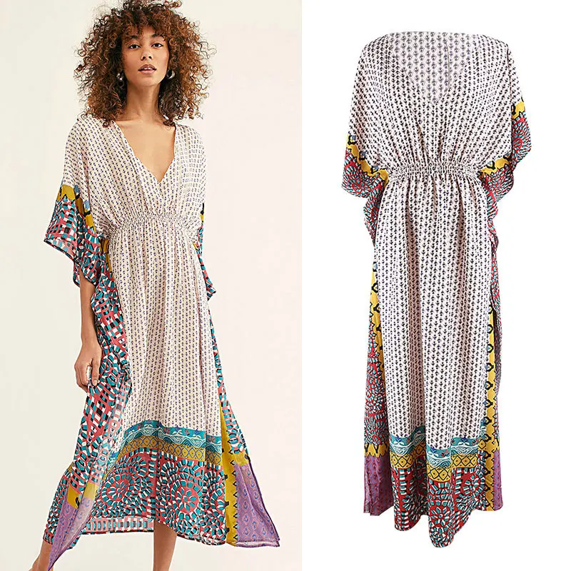 

New Summer Women Swimwear Beach Cover Up Polka Dot Bikini Polyester V Neck Print Swim Cape Fashion Beachwear Elastic Waist