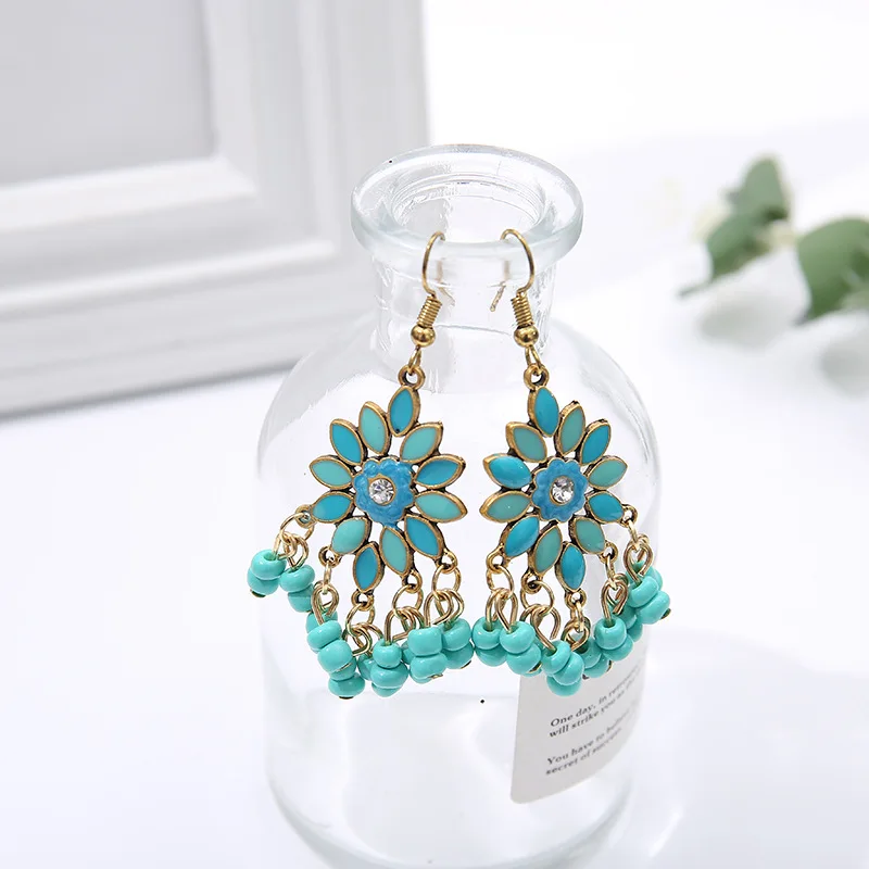 Модные женские серьги в богемном стиле винтажные маленькие бусины цветочные