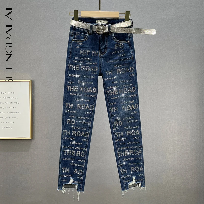 

SHENGPALAE Fashion Hot Drill Letter Jeans Women's Autumn 2021 New High Waist Elastic Denim Pencli Pants Female Tide Without Belt