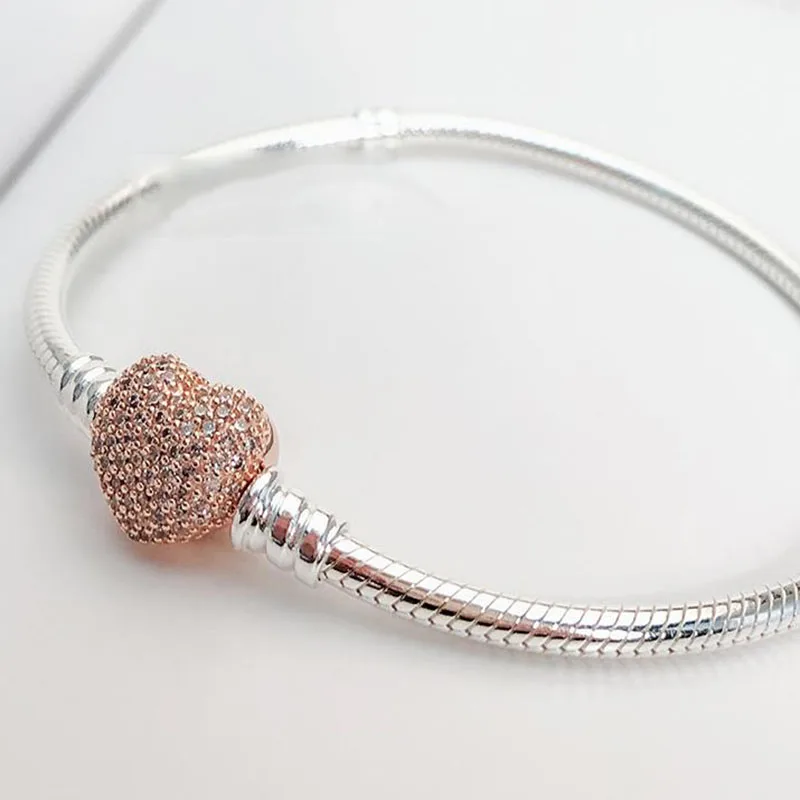 

100% 925 Sterling Silver Shiny Rose Gold Heart With Crystal Button Pan Bracelet Fit European Charm Bracelets Women Jewelry