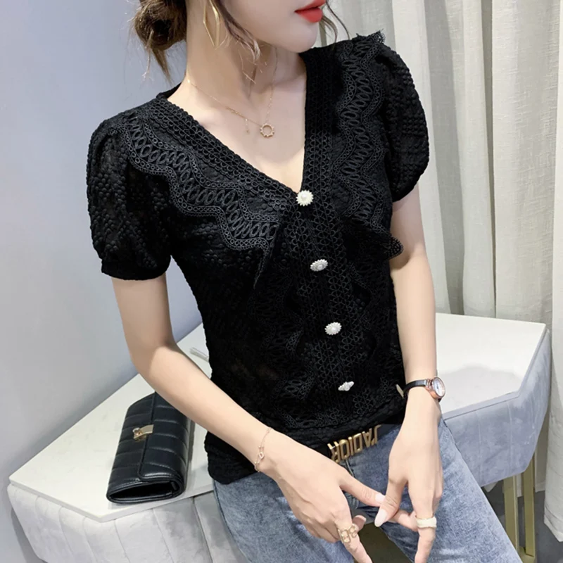 

Lace Tops Stitching Ruffled V-neck Women's T-Shirt Short sleeves 2021 Summer Sexy V-Neck Hollow Out Female tshirt Tees