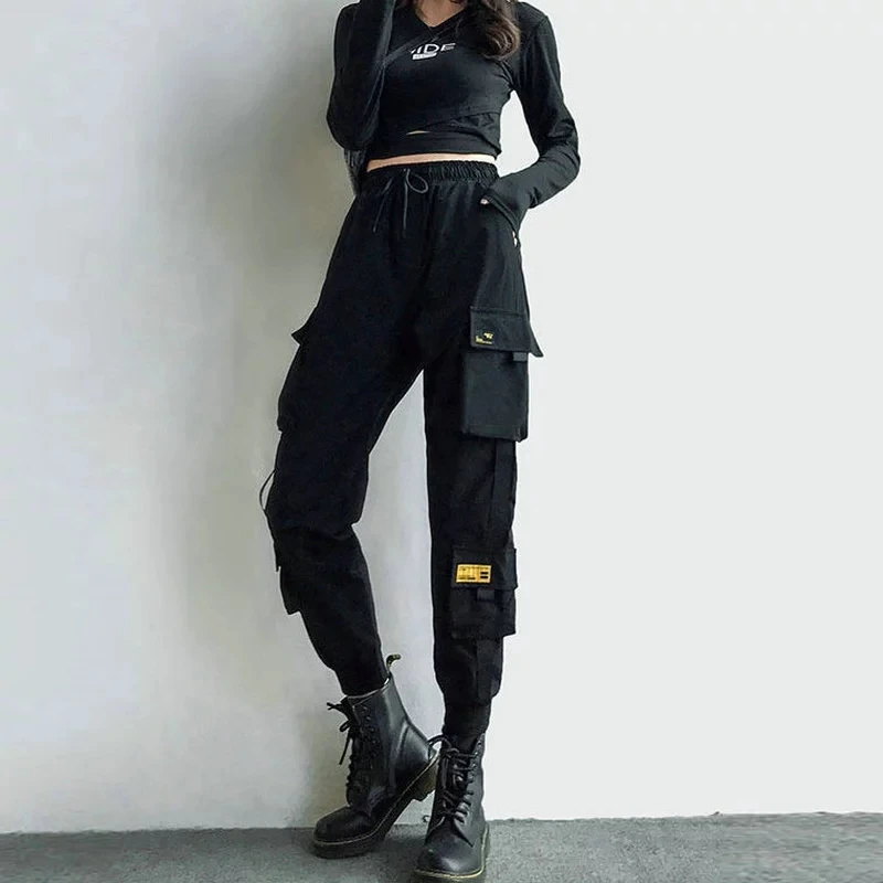 

Women's Cargo Pants Black Ribbon Pocket Jogger Elastic Waist High Streetwear Harajuku Pant Punk Females Trousers Harem Pants