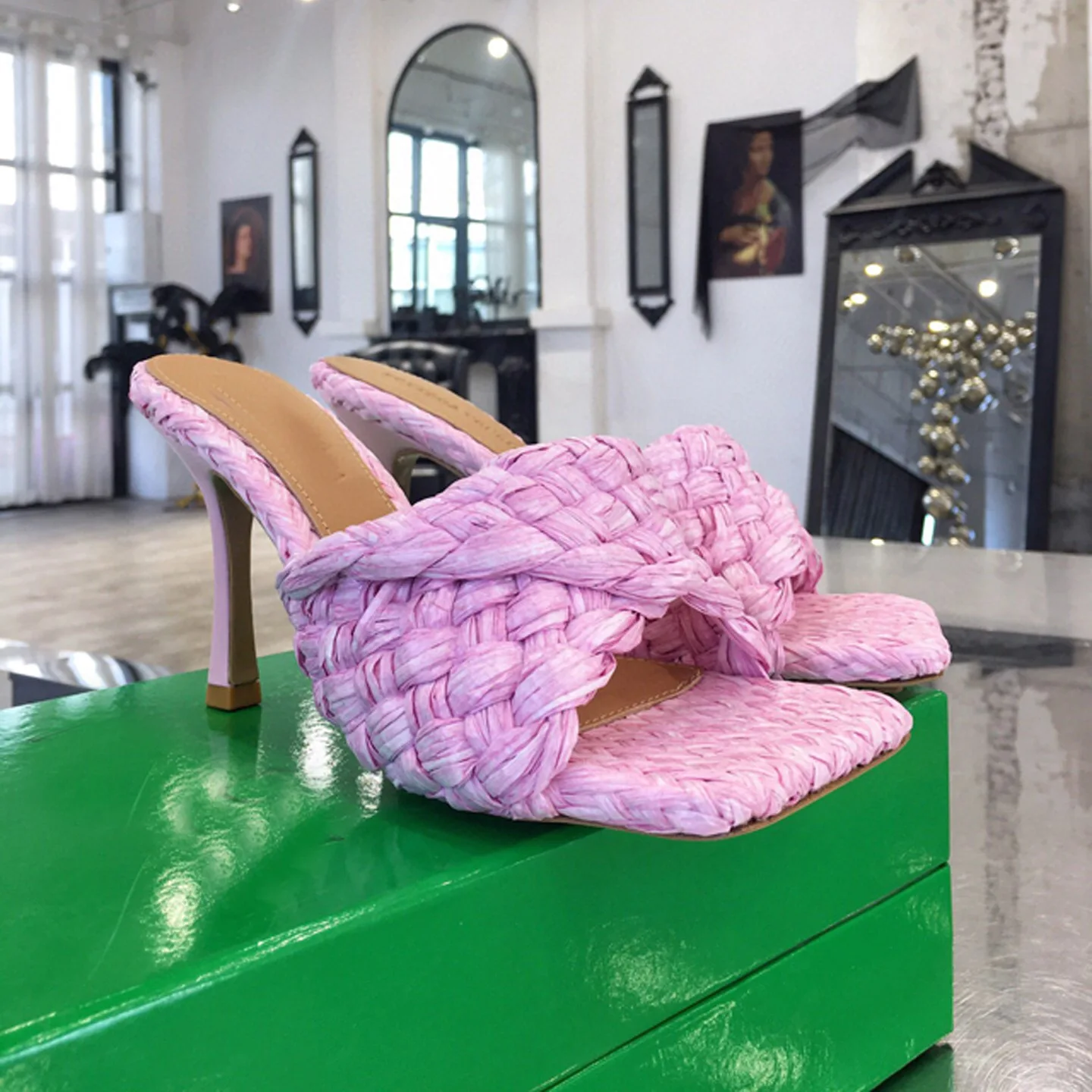 

2021 spring new cross knitting sandals women's head high heel Roman open toe thin heel wear flop