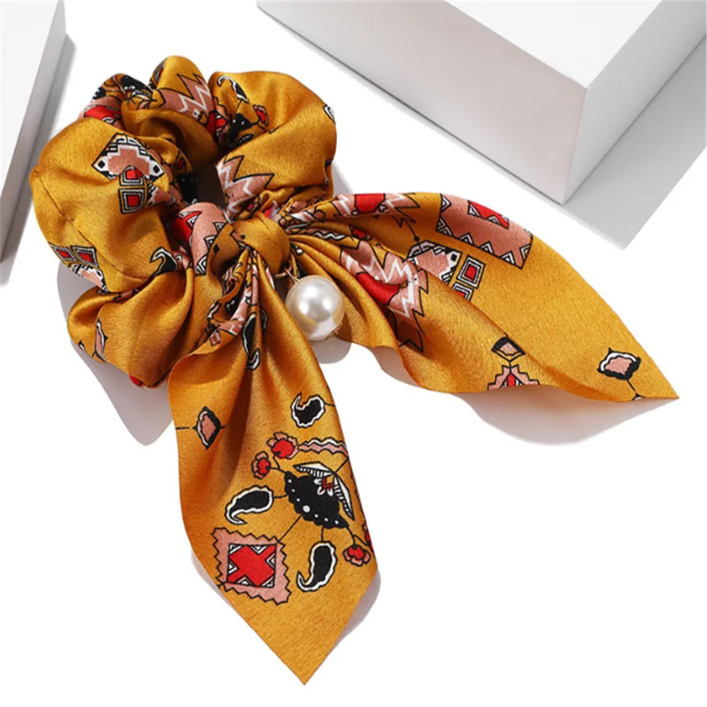 Ginger yellow Резинки для волос, шифоновые эластичные резинки для волос, бант, жемчуг, резинки для волос, держатель для конского хвоста, шелковые резинки для волос для женщин, аксессуары для волос - Цвет: Ginger yellow