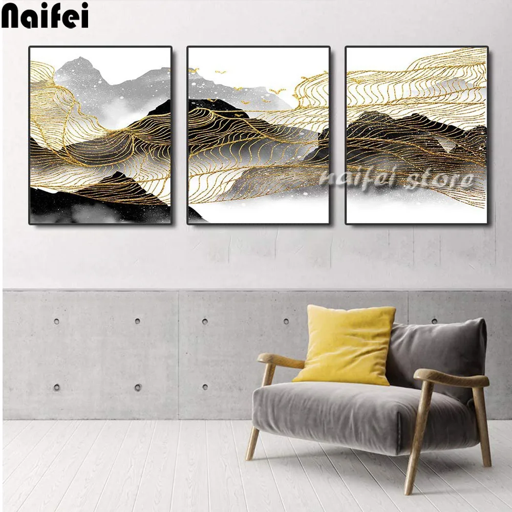 

Картина с абстрактным изображением черно-серой горы, золотых линий, алмазная живопись, пейзаж, картина, Алмазная мозаика, Современный домаш...