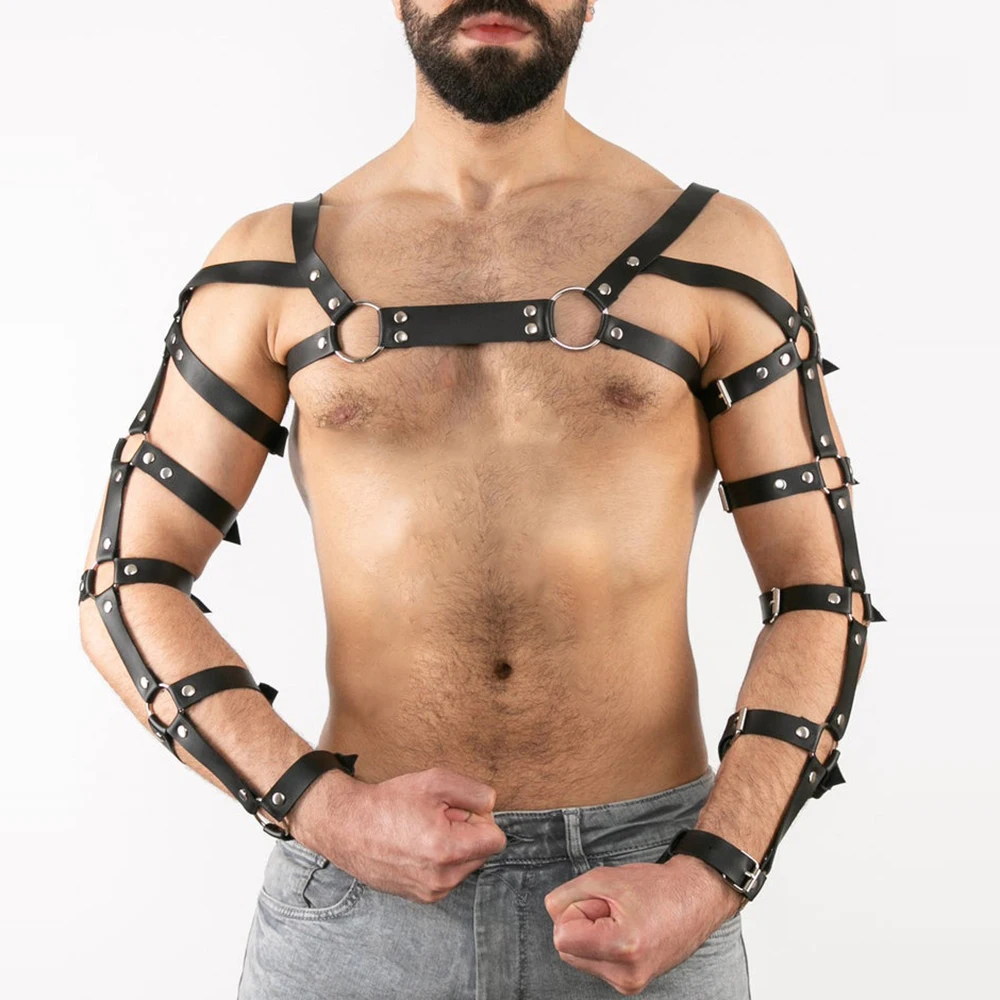

New Men Harness Bondage Leather Erotic Rivet Studs Body Chest Shoulder Half Harness Belt Gay Sissy Cosplay Costumes Sword Belt