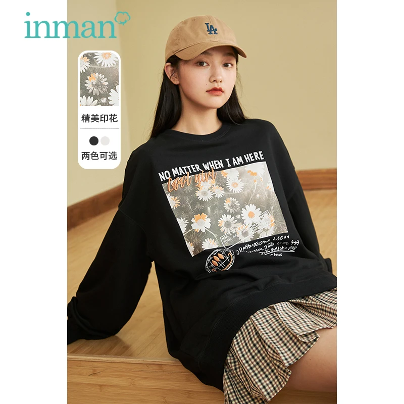 

INMAN/Осенняя Женская толстовка с маленьким принтом маргариток, винтажный Повседневный Женский пуловер с круглым вырезом и открытыми плечами
