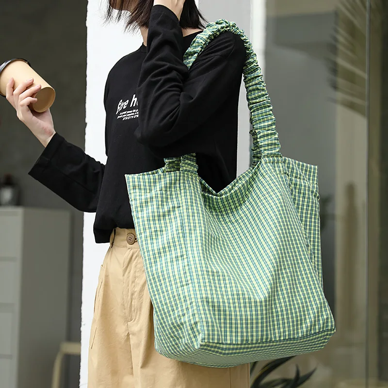 

Повседневная клетчатая сумка через плечо, Холщовая Сумка-тоут, женская простая сумка, большие сумки на плечо в Корейском стиле, Студенческая зеленая