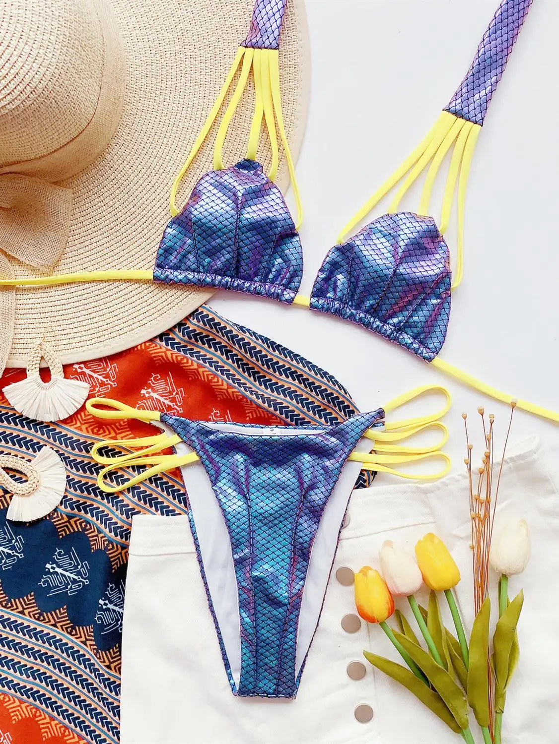 Новый Блестящий металлический набор бикини Русалка рыбья чешуя Холтер шейный