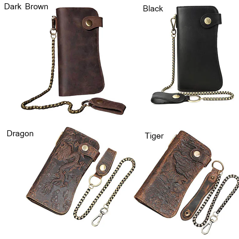 Мужской кошелек из натуральной кожи с цепочкой двойной складной кожаный чехол