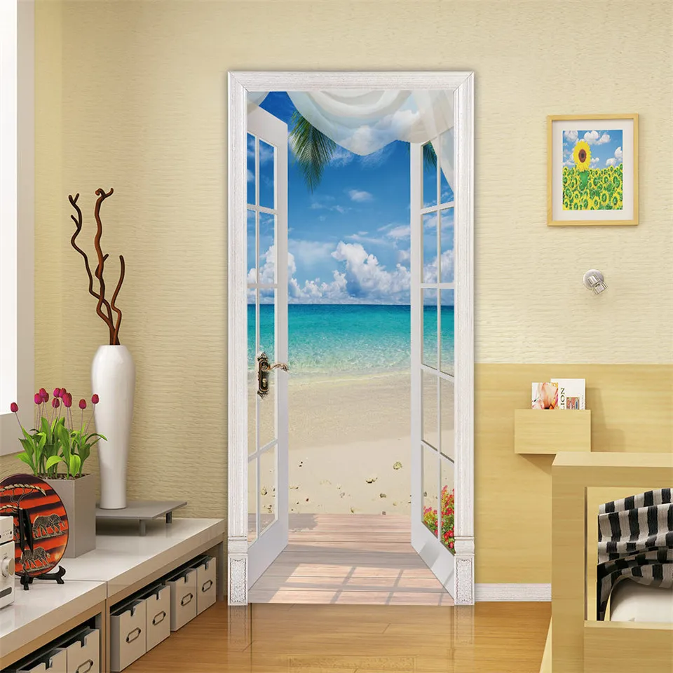 Beach Sun Self-adhesive Door Wallpaper 3D PVC Home Design Decoration Sticker Porte Scenery Poster Mural Wall Decals deursticker | Дом и сад