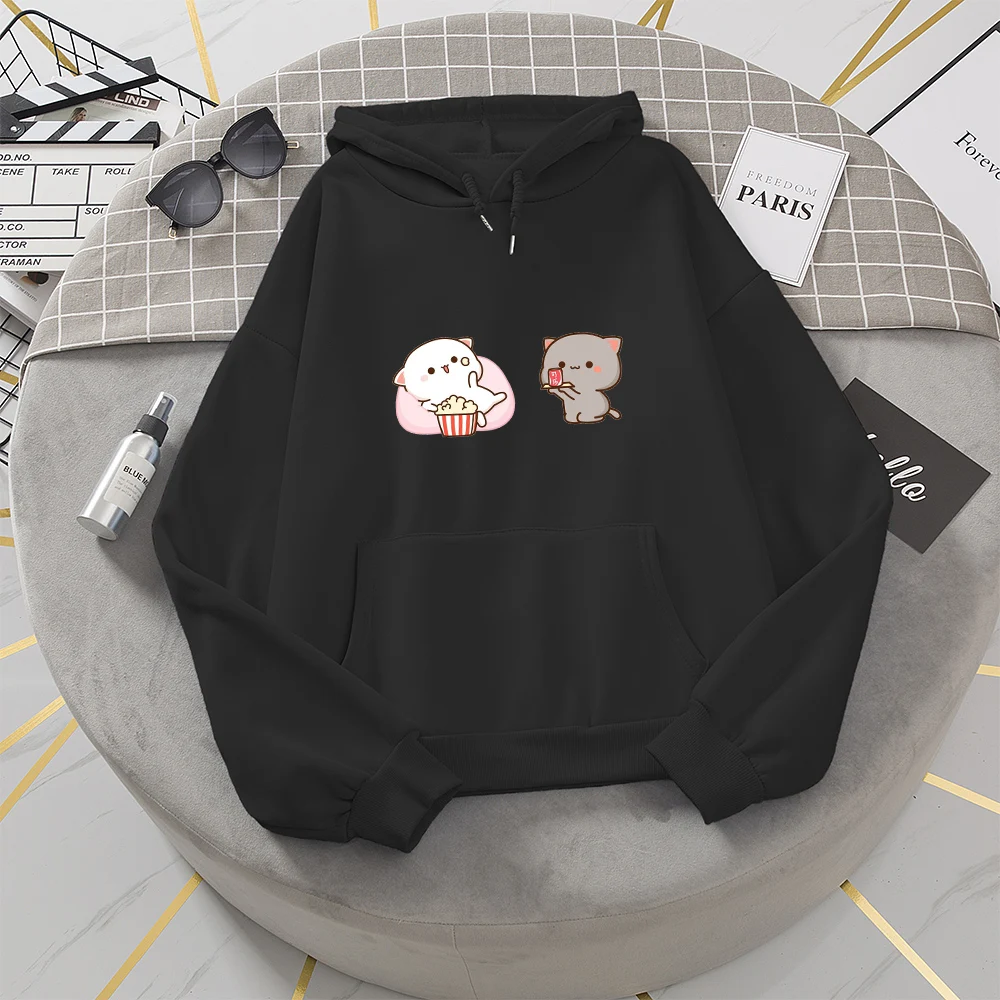 

Толстовка с мультяшным котом для женщин и мужчин, свитшоты в стиле Харадзюку, милый корейский пуловер большого размера с капюшоном, теплые х...