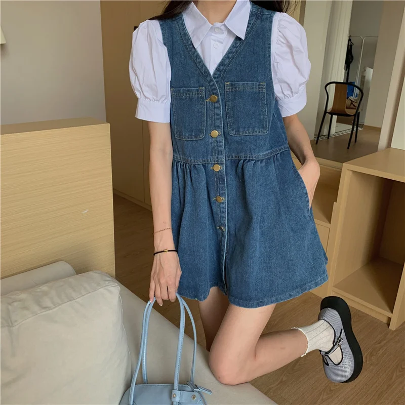 Женское летнее джинсовое платье без рукавов маленькая короткая юбка в