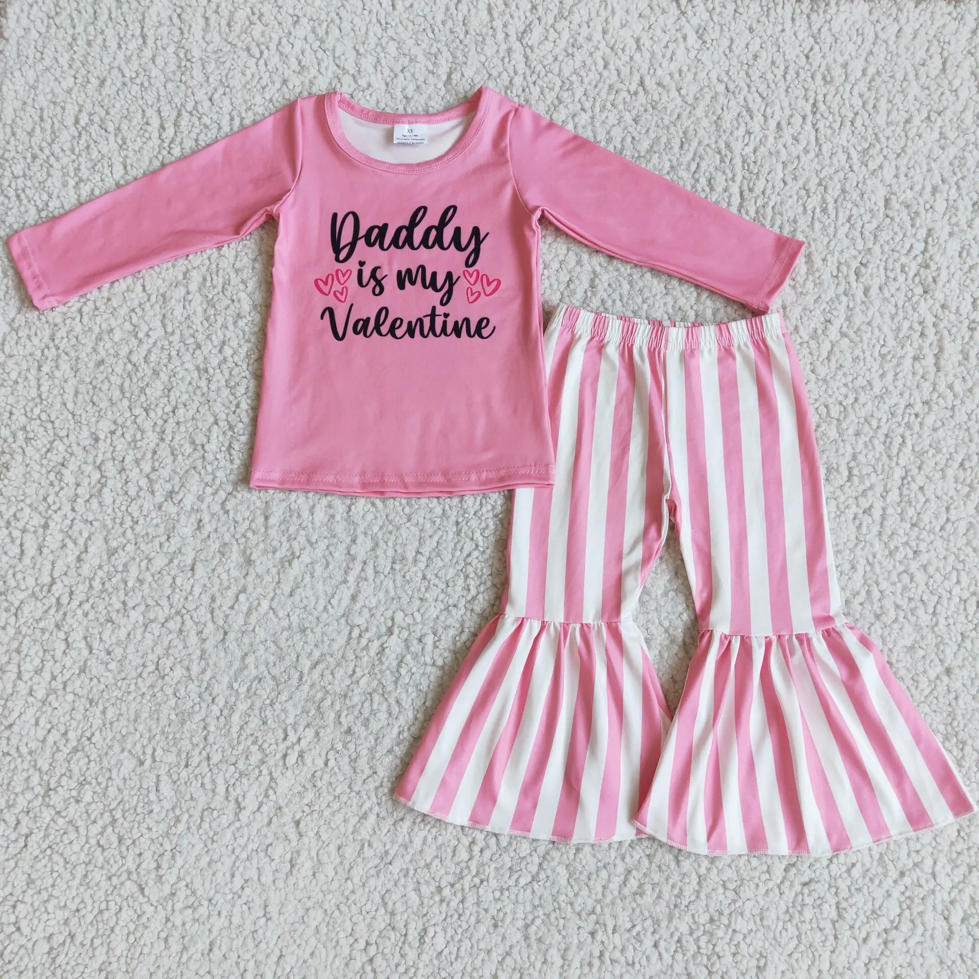 

Daddy Is My Valentine Pink Top Stripe Bell Bottom Pants Baby Girls Boutique Set