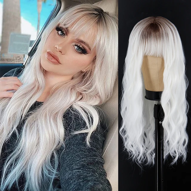 

Synthetic Long Wig White Wavy Wig With Bangs Synthetic Heat-Resistant Fiber Hair Cosplay Black Female Long Wig