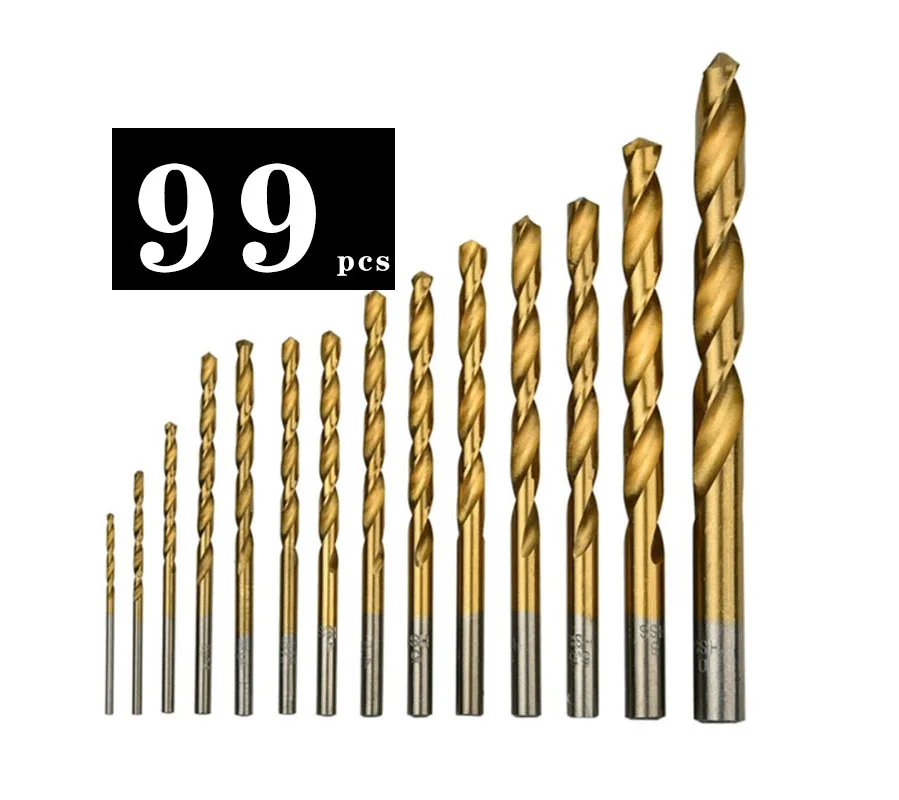 

Wholesales 99PCS HSS Twist Drill Bits Set 1.5-10mm Titanium Coated Surface 118 Degree For Drilling Metal DIY Home Use