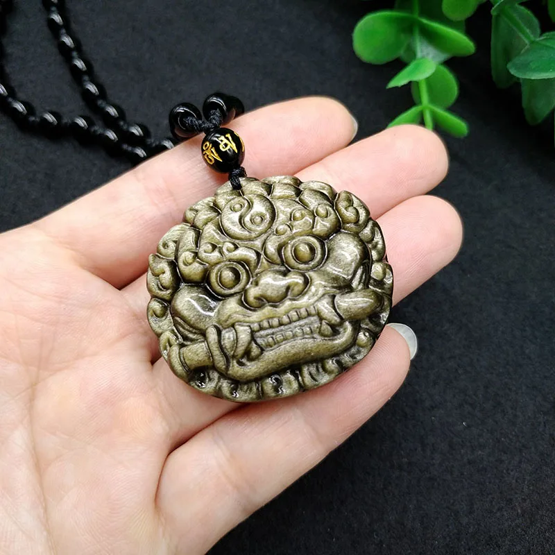 SHIYM Прямая поставка золотой обсидиан Foo Dog ожерелье с подвеской в форме головы