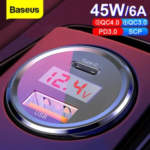 baseus led 6a quick charge 4 0 3 0 usb car charger for xiaomi mi 9 huawei p30 pro qc4 0 qc3 0 fast pd car charging phone charger free global shipping