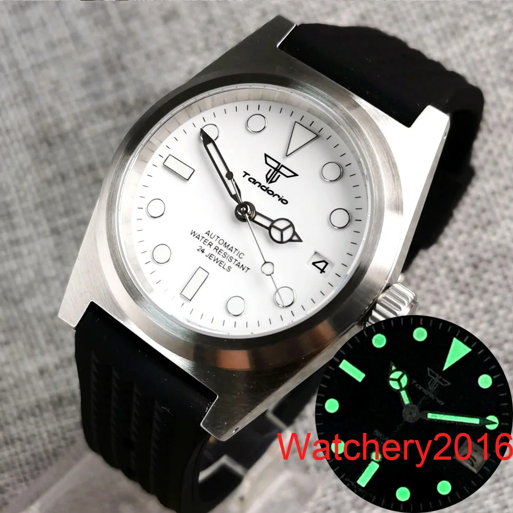 

New Tandorio AR Sapphire Glass NH35 Brushed 200M White Dial Luminous Mechanical Mens Diver Watch Waffle Rubber Strap