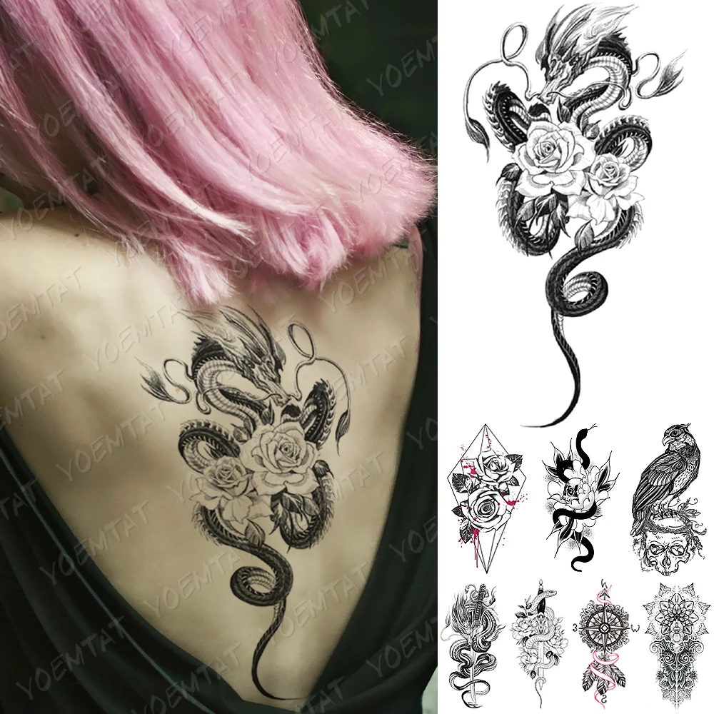 Водостойкая Временная тату наклейка змея дракона розы цветок флэш татуировки