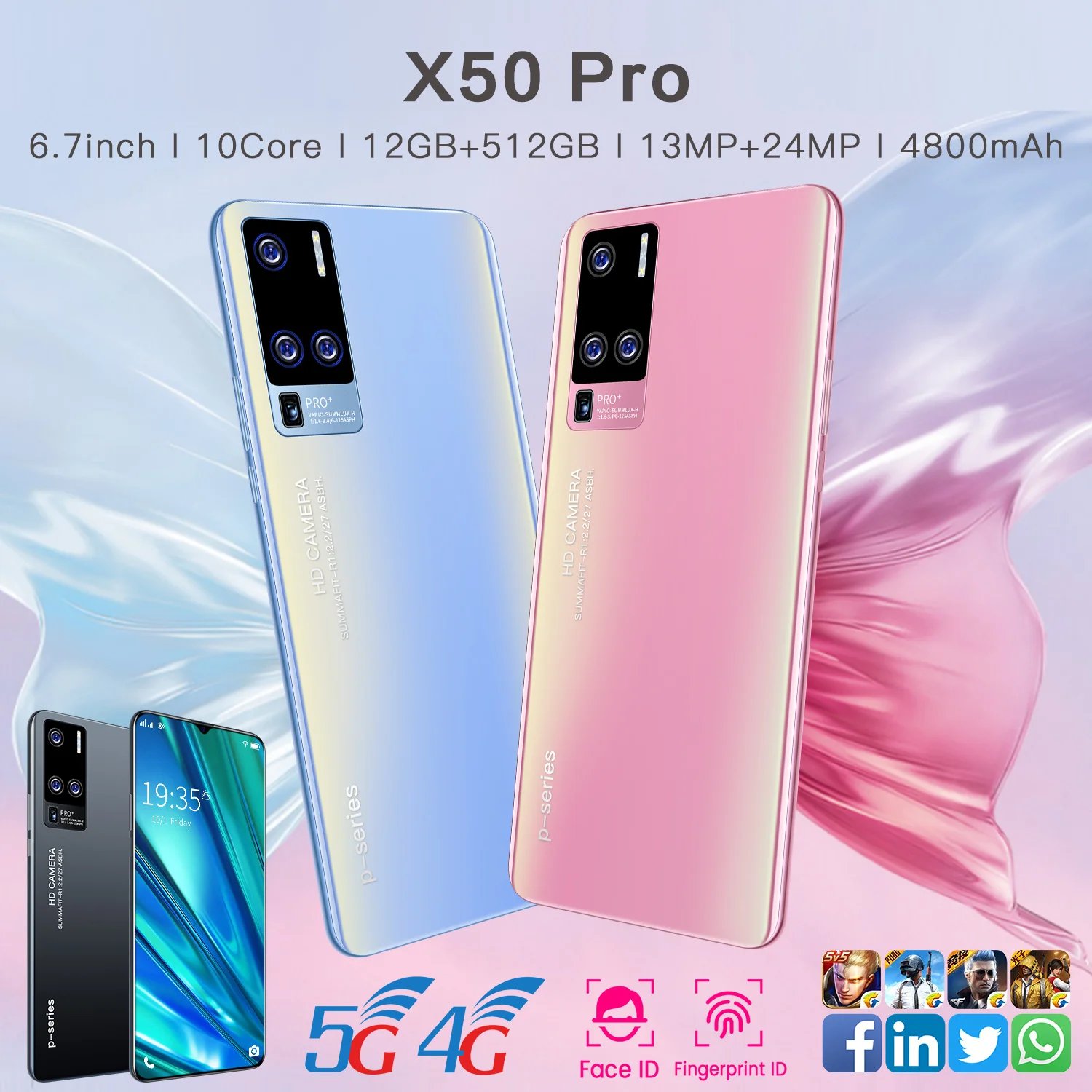 

X50 Pro Smartphone 6.7 Inch 12GB+512GB 4800mAh 13MP+24MP 10 Core Fingerprint Face Recognition Unlock Dual SIM Dual Standby Phone
