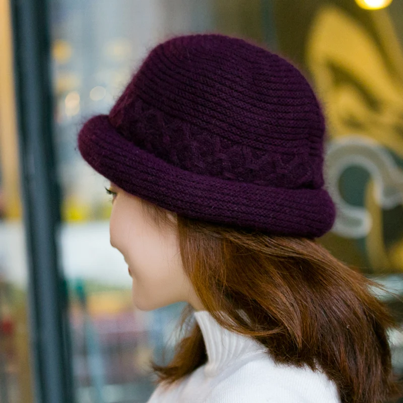 H7770 Winter Bucket Hat Women Mother Warm Thickened Rabbit Fur Knitted Fisherman Cap Elderly Grandma Elegant Outdoor Simple Caps