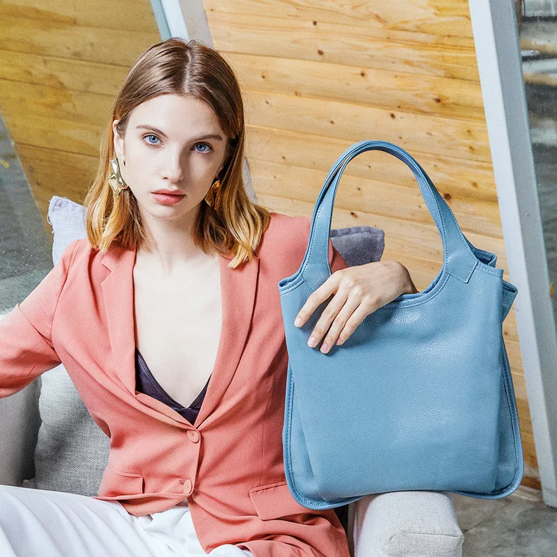 

Soft Genuine Leather Bucket Bag Women Casual Tote Top-handle Shoulder Bags Brand Designer Ladies Real Leather Casual Tote Bag