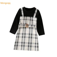 toddler kids girls autumn full sleeve patchwork belt plaid knee length dress children baby casual clothes 2 7y