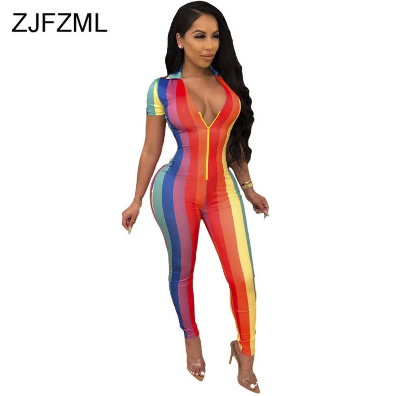 Rainbow Striped Rompers Womens Jumpsuit Summer Front Zipper Short Sleeve Bodycon Overall Streetwear Deep V Neck Skinny Bodysuits