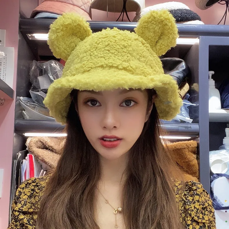 

Hats for Women Autumn Winter Bear Ear Bucket Hats Lamb Plush Soft Warm Fisherman Hat Panama Casual Caps Lady Flat Korean Style