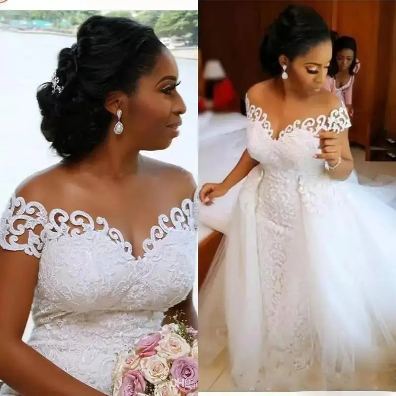 

African Nigerian Mermaid Wedding Dresses Detachable Train Full Lace Applique Sheer Off The Shoulder Short Sleeve Bridal Gown