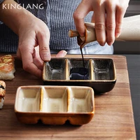 kinglang creative ceramic japanese three grid saucer restaurant sushi sauce dish barbecue saucer rectangular dipping dish