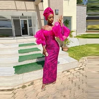 new designer lace aso ebi prom dresses puffy sleeves tulle mermaid sahpe custom made long formal event dressing gowns