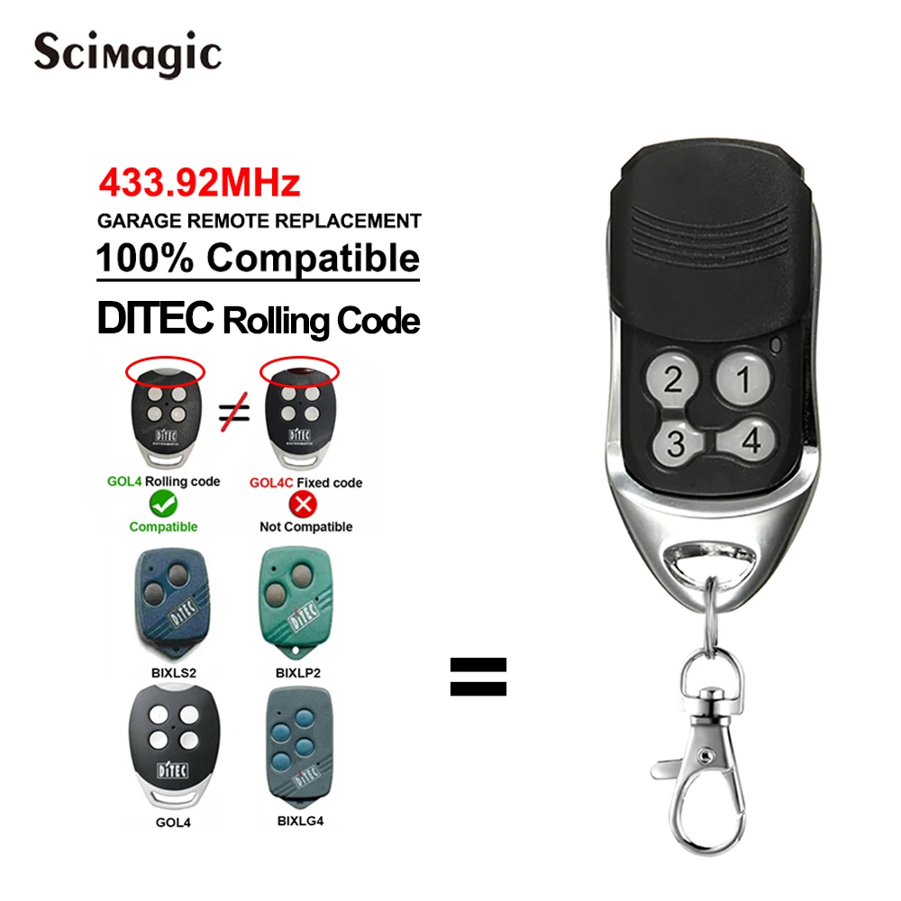 

Ditec Remote Controls GOL4 GOL 4 GOL4C BIXLP2 BIXLS2 BIXLG4 Garage Gate Door Opener 433MHz Compatible Ditec Command 433.92MHz