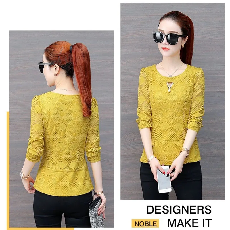 Женские кружевные блузки рубашки повседневные с длинным рукавом и круглым
