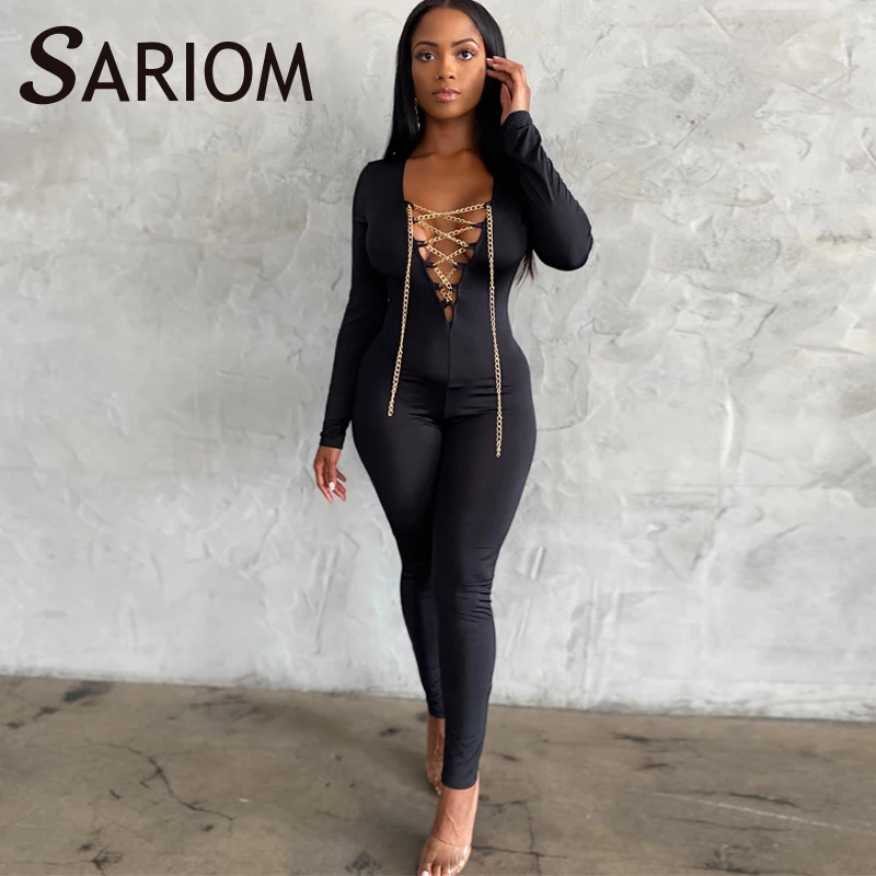 

Комбинезон женский с V-образным вырезом, пикантный облегающий ромпер с металлической цепочкой, с длинным рукавом, с вырезами, уличная одежда...