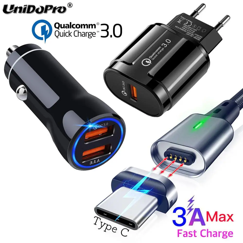 Автомобильное зарядное устройство QC 3 0 EU AC + 3A Магнитный кабель типа C для Huawei V30 Pro