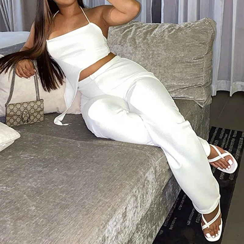 

Summer Sexy Irregular Crop Top Ladies Halter Lace Up Wrapped Top Backless Ribbed T-shirt Solid White Pullover Sleeveless Tee New