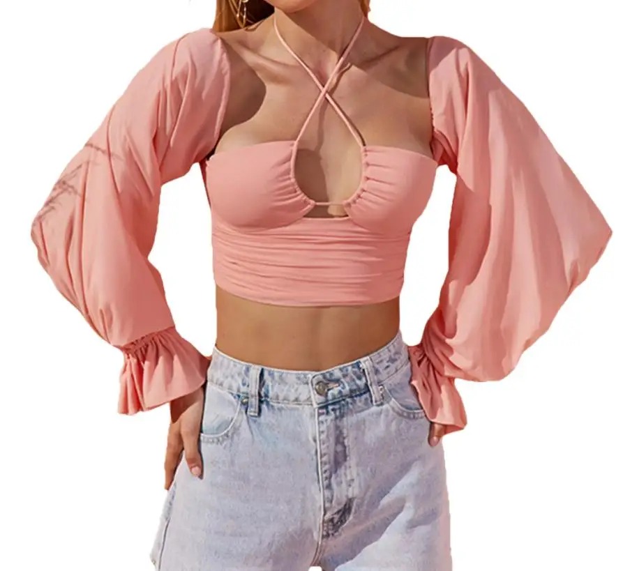 

Y2K Women Solid Color Crop Tops Halter Neck Balloon Sleeves Close-fitting Pullover Dating Party Streetwear