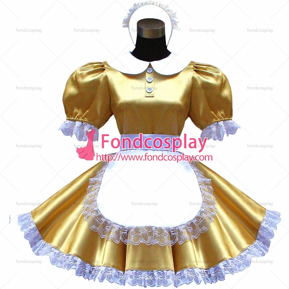 

fondcosplay adult sexy cross dressing sissy maid lockable gold satin dress Peter pan collar white apron Tailor-made [G1610]