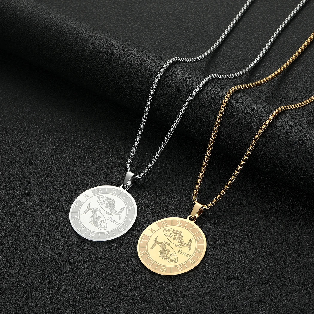 

CHENGXUN Pisces Pendant Necklace for Men Women Stainless Steel Punk Zodiac Sign Charm Box Chain Hip Hop Astrology Jewelry Gift