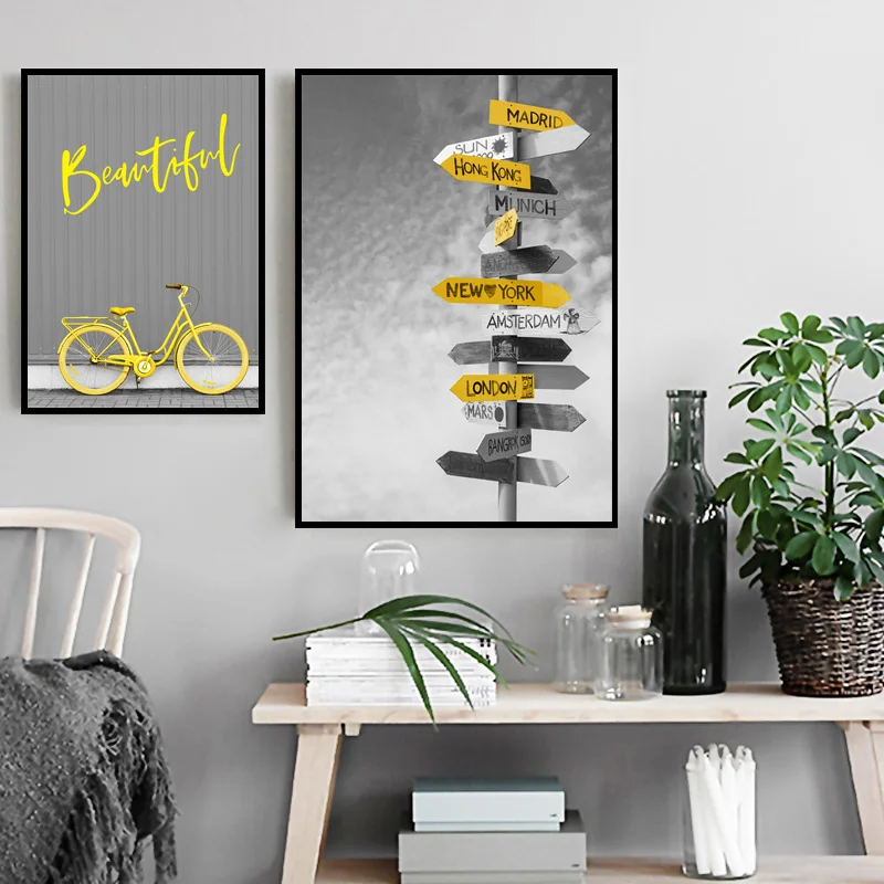 

Gray Poster Bicycle Prints Yellow Road Sign Canvas Painting Nordic Modern Wall Pictures For Living Room Bedroom Home Decoration