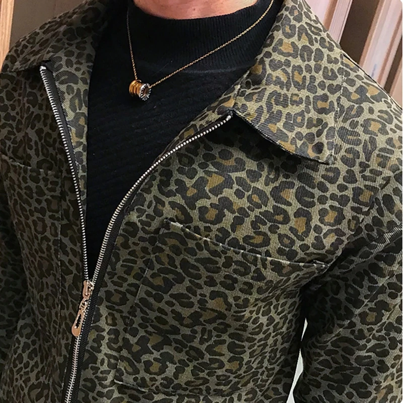 

leopard Autumn printed zipper fluid loose men's coat jacket male bomber man 2020